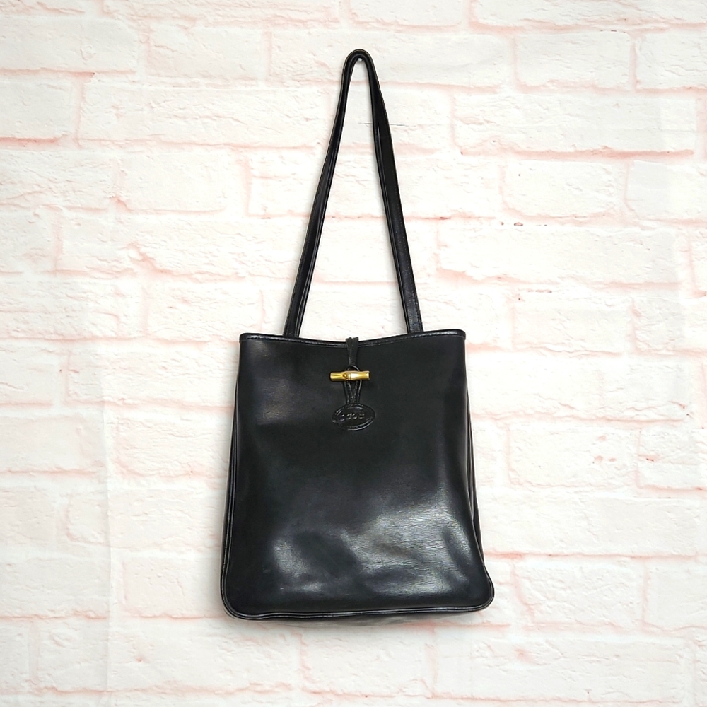 Longchamp leather black shoulder bag tote handbag brass vintage
